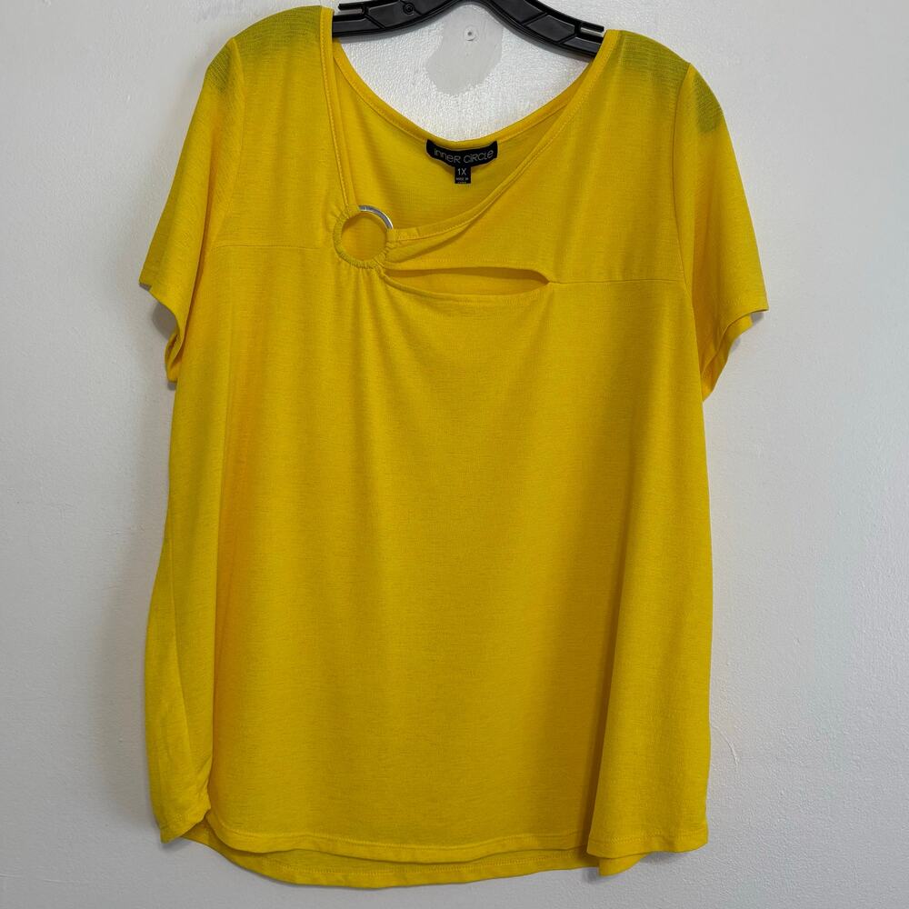Inner Circle Yellow Asymmetrical Blouse 1X Cutout Stretch Top